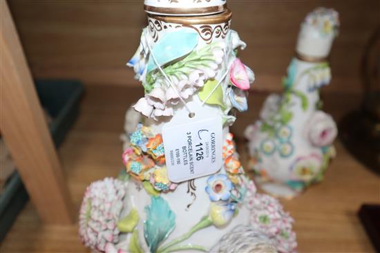 Three English porcelain flower encrusted scent bottles and covers, c. 1830-40, possibly Coalbrookdale, H. 41cm and 28cm